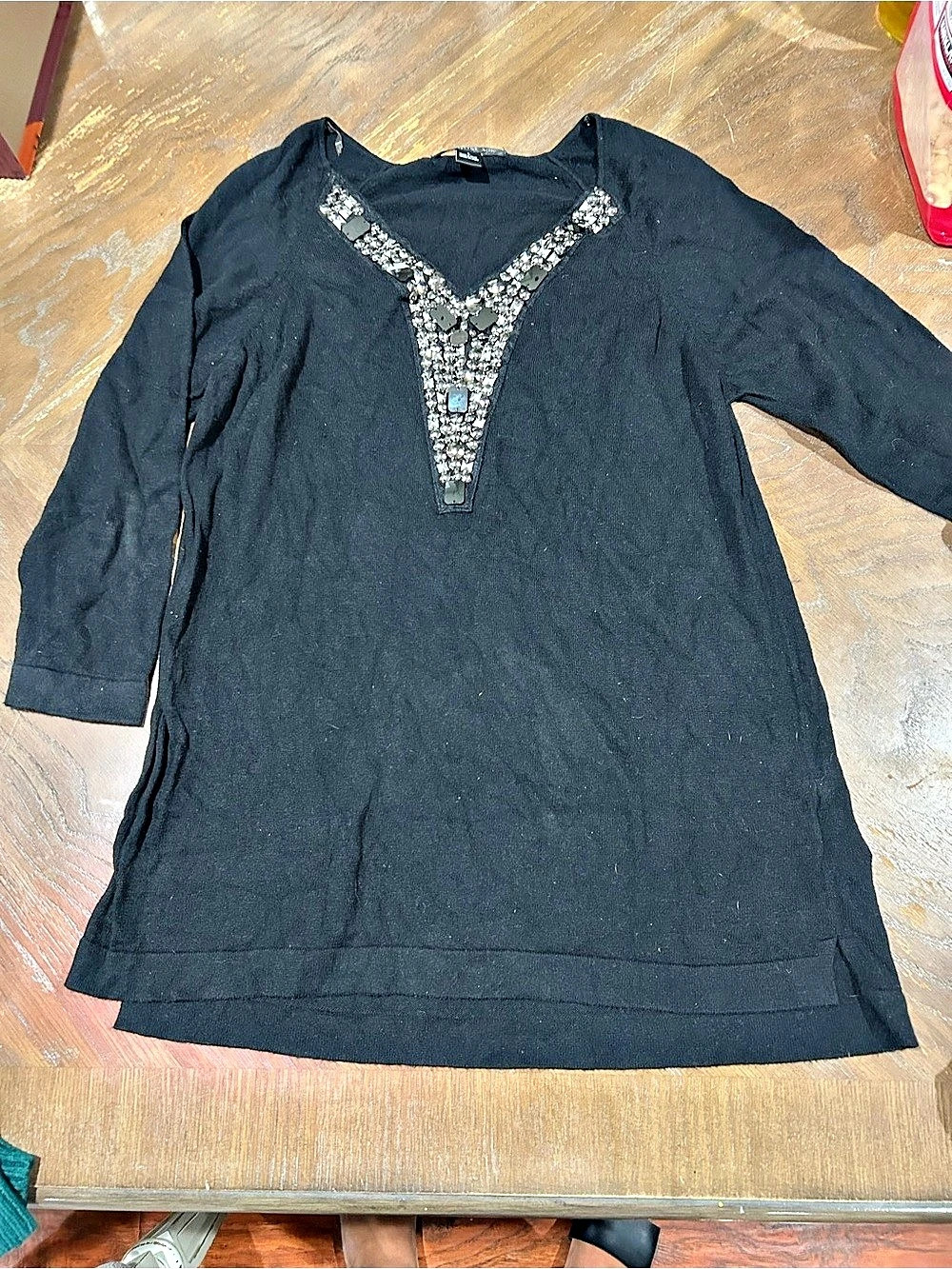 August Silk Embellished V-Neck Tunic in Black Large